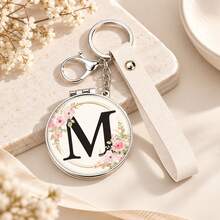 1pc 26 Letters Optional Floral Design Double-Sided Portable Makeup Mirror, 1X High Definition Mirror 180° Foldable PU Leather Pendant, Girls Bag Keychain Mirror/Bag Charm - Multicolor - View 23