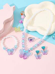 5pcs/Set Girls Mermaid Princess Jewelry Set, Faux Pearl Beaded Necklace, Bracelet, Ring, Ear Clips, Cute Party Gift For Girls - Multicolor - View 6