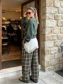 Women's New Autumn Plaid Elastic Waist Straight Leg Pants - Multicolor - View 2
