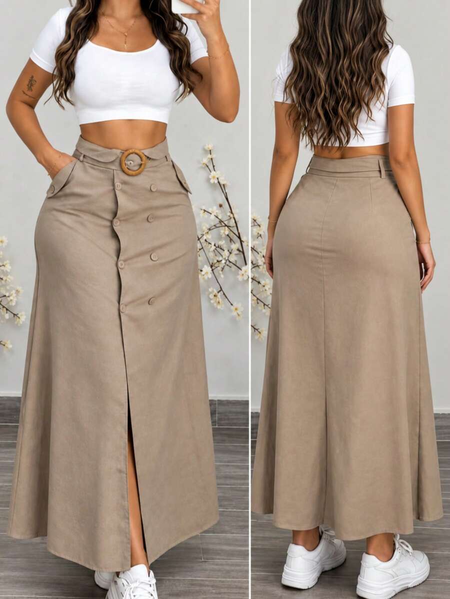 Women's A-Line Skirt With Belt, Pockets, Button Design And Slit, Elegant Versatile Commuter Skirt For Autumn/Winter - Khaki - View 1