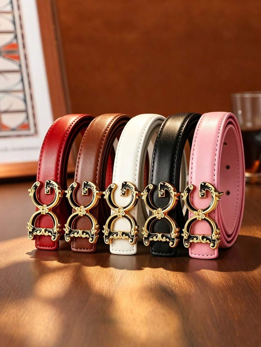 1pc 2026 New Women's Vintage Double Ring Carved Gold Buckle Faux ...