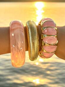 3pcs/Set Fashionable Minimalist Elegant Exquisite Vintage Design Geometric Line Textured Pink Resin Asymmetrical Marbled Pattern Patchwork Chunky Oversized Bangles Set For Holiday Vacation Party Date Gift Daily Commute Wear Personalized - Multicolor - View 4