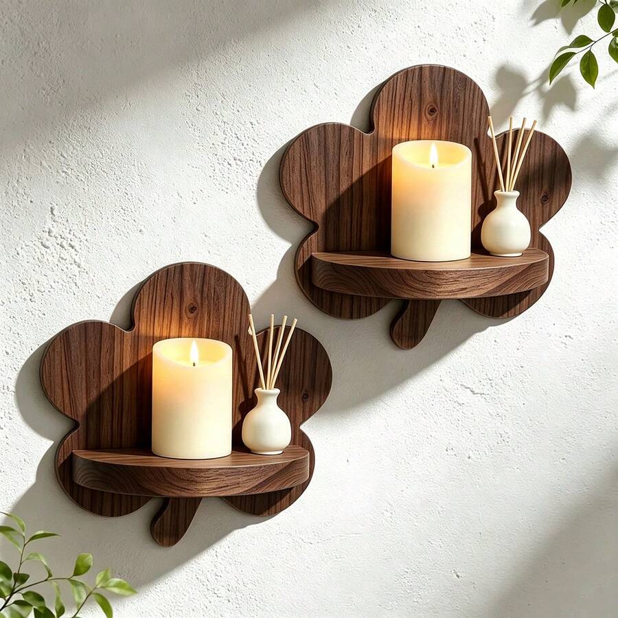 Leaf-Shaped Solid Wood Floating Wall Shelf, Handmade Natural Pine Wall-Mounted Display Rack, Unique Floral Design Wall-Mounted Storage Shelf For Small Plants, Cups, Decor, Bedroom, Living Room, Bathroom, Bohemian Home Decor - View 1