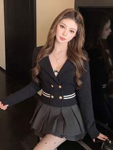 秋冬新款韓式休閒針織開襟衫，甜美學院風雙排扣西裝領前開襟上衣，撞色修身短版襯衫，可當外套或單穿 - 黑色 - 查看 4