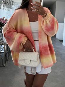 MORI Fall Winter Women Cardigans Y2K Casual Gradient Loose Open Front Knit Sweaters Vacation Brunch Going Out Tops Yellow Pink Chic Clothes - Multicolor - View 1