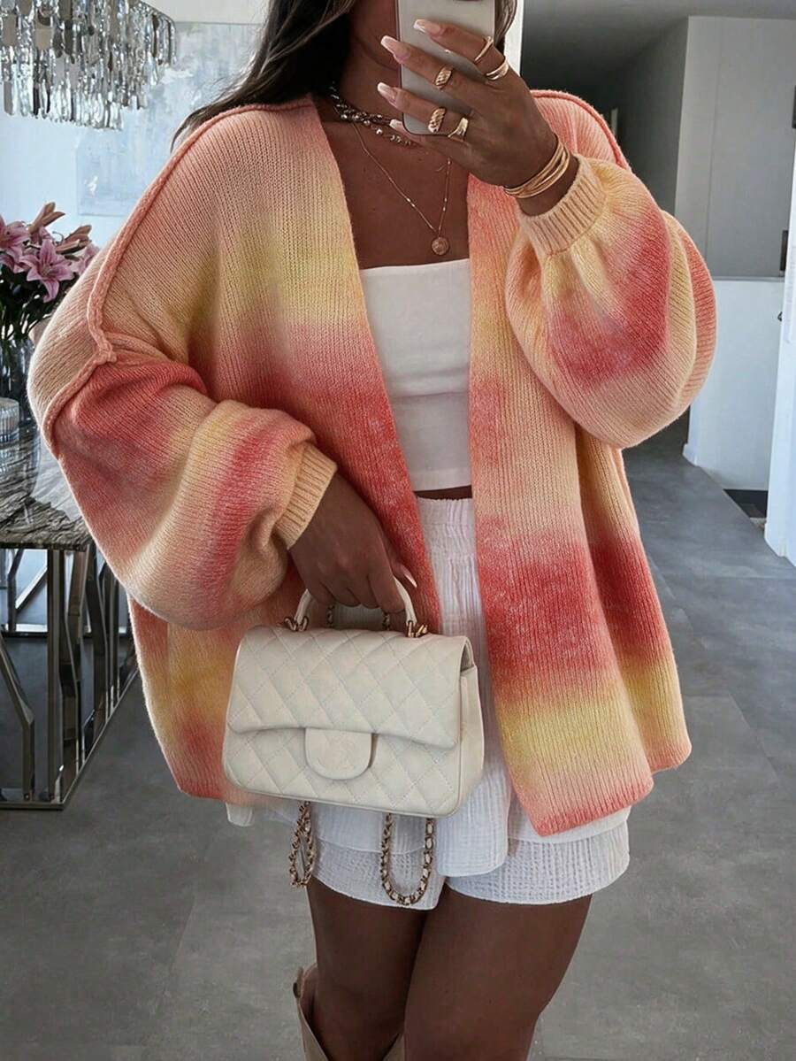 MORI Fall Winter Women Cardigans Y2K Casual Gradient Loose Open Front Knit Sweaters Vacation Brunch Going Out Tops Yellow Pink Chic Clothes - Multicolor - View 1