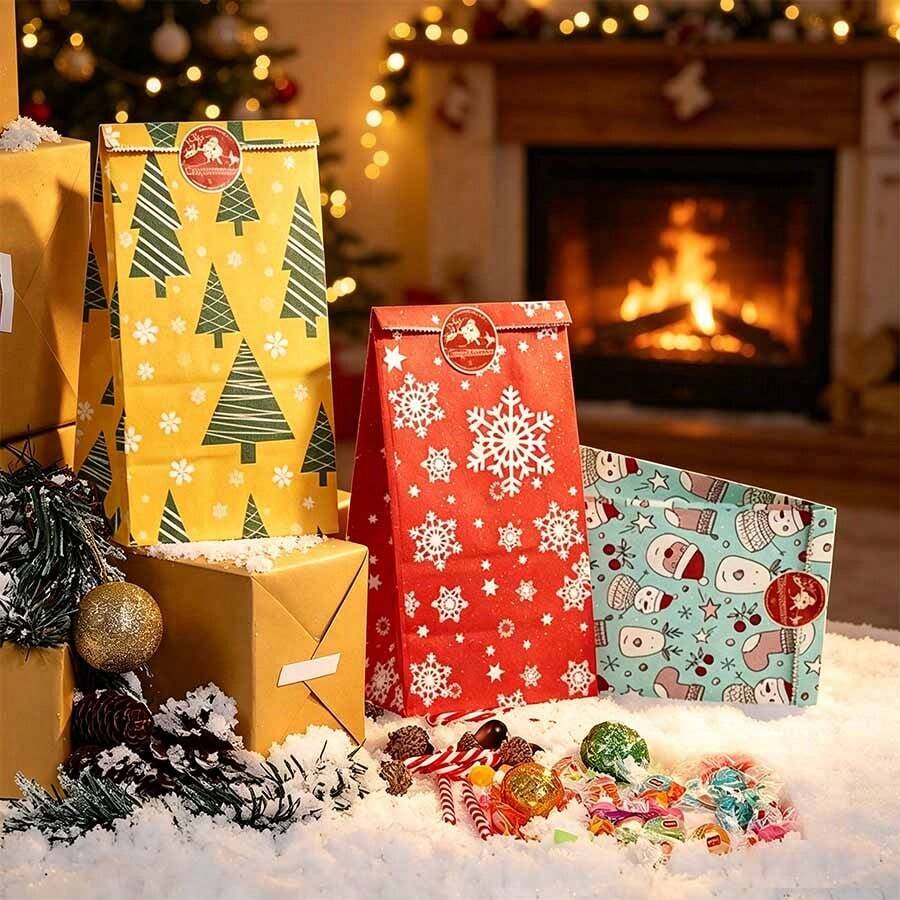 12pcs Christmas Snowflake & Reindeer Gift Bag Set With Stickers - New Holiday Product