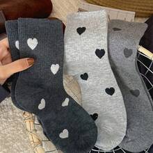 5 Pairs/1 Pair Random Assortment, 5 Colors Heart Pattern Mid-Calf Socks For Girls, Autumn/Winter Solid Color Heart Socks, Versatile Japanese Student Style Long Socks - Multicolor - View 5