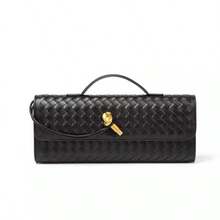 Women's Burgundy Woven Texture Long Clutch Bag, Gold Twist Lock Closure Slim Handle Evening Bag, Suitable For Parties - Multi-color - View 12