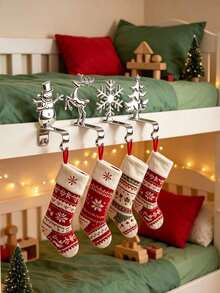Christmas Stocking Hooks, Fireplace Hooks With Reindeer, Snowman, Tree And Snowflake Patterns, Christmas Fireplace Stocking Holder, Holiday Party Home Decor - Multicolor - View 6