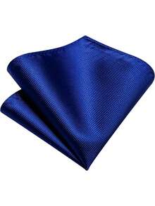 1SET Diagonal Stripe Tie & Pocket Square Set, Solid Color Hand-Tied Tie & Handkerchief Combination, Suitable For Wedding, Party, Cocktail, Banquet, Daily Wear - Blue - View 2