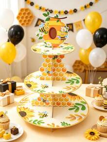1Set Little Bee Theme Paper Cupcake Stand, First Bee Day Honeycomb Sunflower Dessert Tower, Baby Cake Display Stand, Home Decor, Table Decor, First Birthday Decor, Gender Reveal Decor, Baby Shower Supplies, Boy/Girl Birthday Party Supplies, Party Favors - Bee - View 2