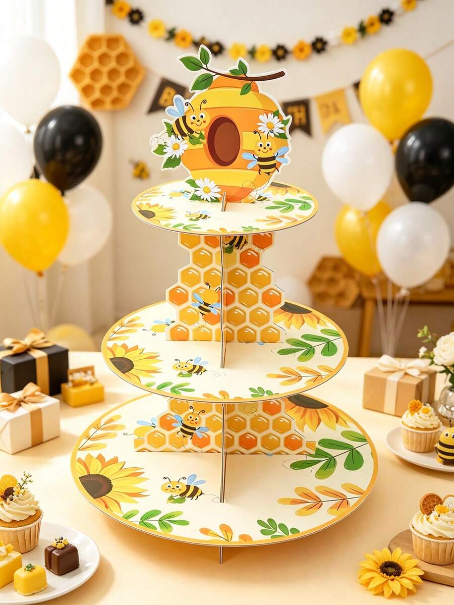 1Set Little Bee Theme Paper Cupcake Stand, First Bee Day Honeycomb Sunflower Dessert Tower, Baby Cake Display Stand, Home Decor, Table Decor, First Birthday Decor, Gender Reveal Decor, Baby Shower Supplies, Boy/Girl Birthday Party Supplies, Party Favors
