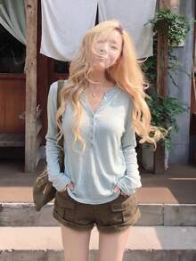 Minimalist Drape Half-Button V-Neck Thin Long Sleeve Knit Sweater - Mint Blue - View 4
