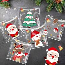 Christmas Cartoon Self-Adhesive Gift Bags, Transparent Gift Bags Printed With Santa Claus, Snowman, Reindeer And Christmas Tree Patterns, Suitable For Christmas Decoration Bags, Cartoon Theme Holiday Gift Bags - Multicolored - View 1