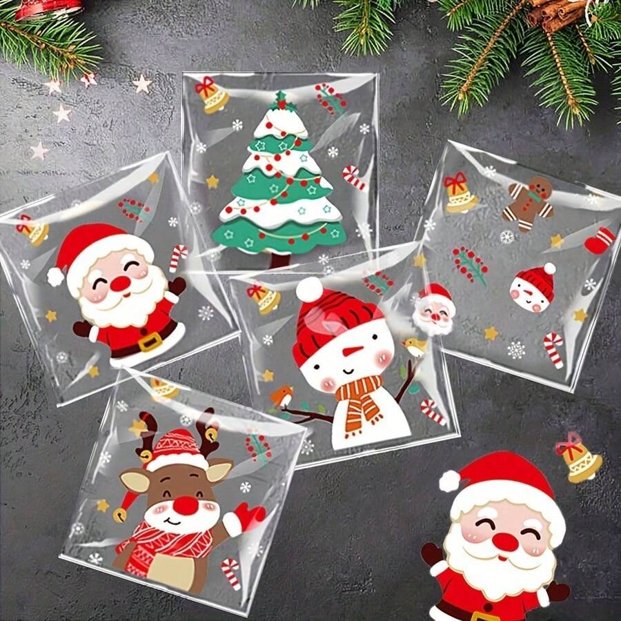 Christmas Cartoon Self-Adhesive Gift Bags, Transparent Gift Bags Printed With Santa Claus, Snowman, Reindeer And Christmas Tree Patterns, Suitable For Christmas Decoration Bags, Cartoon Theme Holiday Gift Bags - Multicolored - View 1