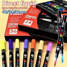 12/24/36 Colors Direct Liquid Acrylic Paint Pens, Soft Tip Acrylic Paint Markers, Suitable For Canvas, Stone, Wood, Glass, Ceramic, Fabric, Etc., DIY Craft Creation - Multicolor - View 1