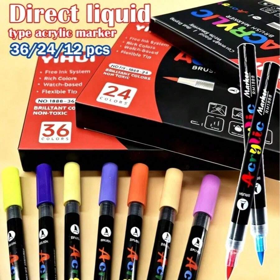 12/24/36 Colors Direct Liquid Acrylic Paint Pens, Soft Tip Acrylic Paint Markers, Suitable For Canvas, Stone, Wood, Glass, Ceramic, Fabric, Etc., DIY Craft Creation - Multicolor - View 1