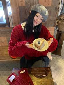 Women's Red Cable Knit Pullover Long Sleeve Sweater Top, Autumn/Winter - Red - View 10