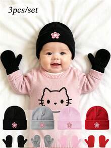 3pcs/Set Baby Knitted Hat And Gloves, Warm Autumn/Winter Newborn Hat, Suitable For Boys And Girls, Soft And Comfortable, Fit For Toddlers - Multicolor - View 1