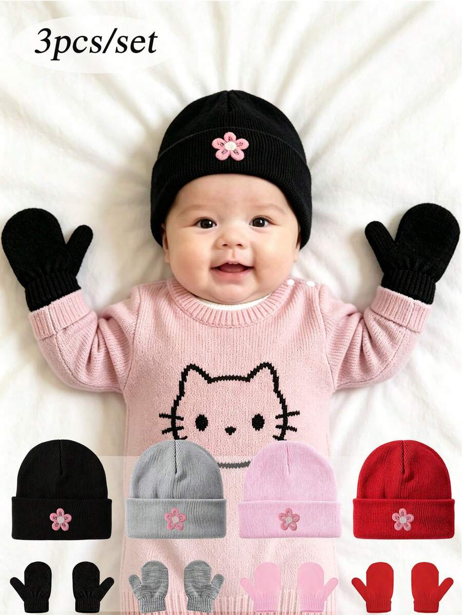 3pcs/Set Baby Knitted Hat And Gloves, Warm Autumn/Winter Newborn Hat, Suitable For Boys And Girls, Soft And Comfortable, Fit For Toddlers - Multicolor - View 1
