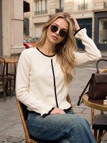 Women's Sweet Knitted Cardigan, Apricot Color Contrast Trim, Round Neck, Pearl Button, Ruffle Hem, Cuffed Waist, Versatile Knit Jacket For Office Commute, Date, Afternoon Tea, Shopping And Travel - Apricot - View 2