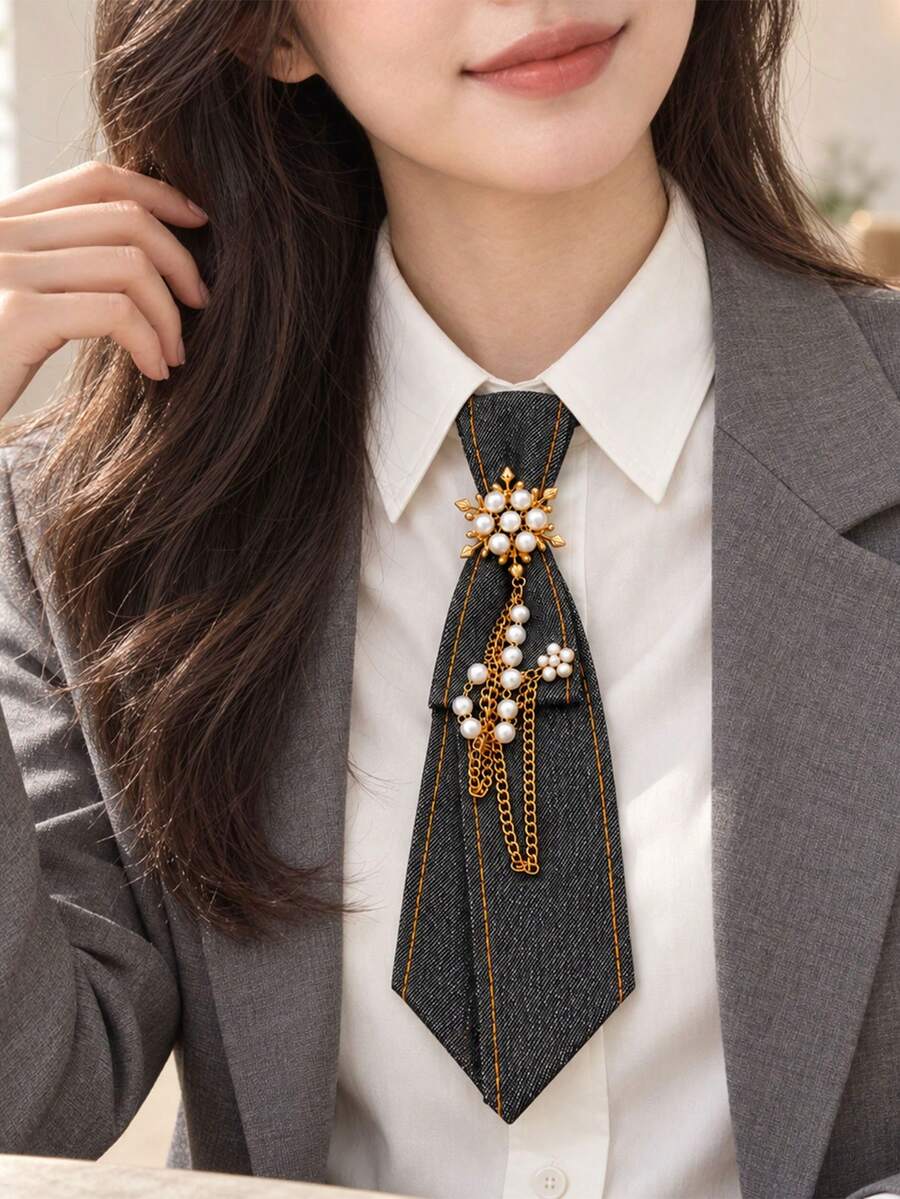 1pc Women's Pearl Chain Fashion Denim Necktie Accessory, Suitable For Office, Business, Casual And Daily Wear - Multicolor - View 1
