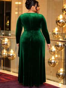 Plus Size Green Velvet Maxi Dress Long Sleeve Beaded Ruffle With Rhinestone Buckle Belt Bodycon Formal Evening Church Wedding Guest Gown Fall Outfit - Dark Green - View 7