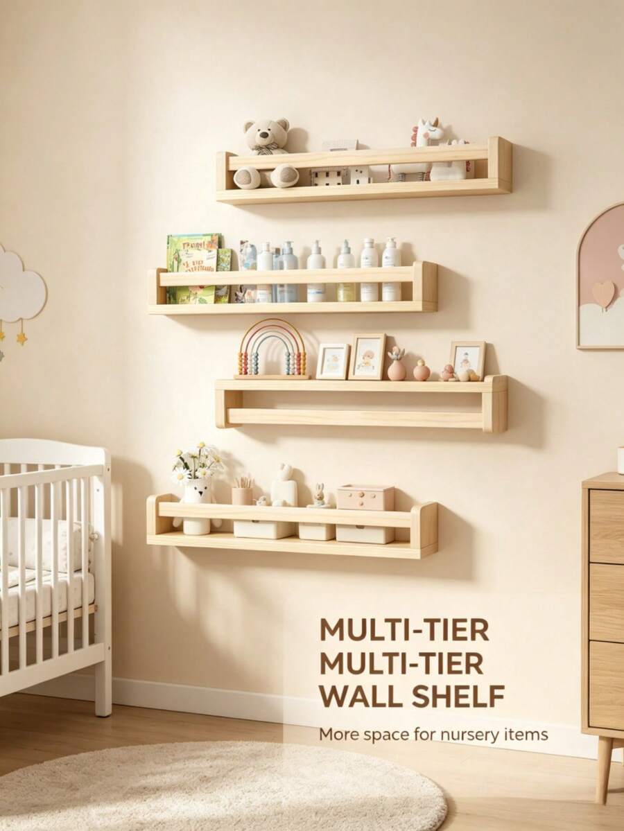 1/2/4pcs Wall-Mounted Floating Shelves, Nursery Use, Anti-Fall ...