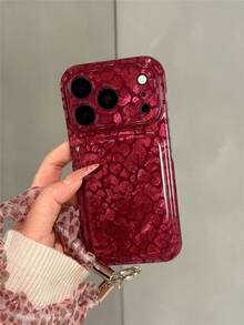 Personalized Fashion Burgundy Leopard Print Phone Case Compatible With Apple 18 Pro Max, 17 Pro, New 16 Pro, 15 Pro, Lace Wrist Strap, Unique Anti-Drop Protective Cover - Red - View 1