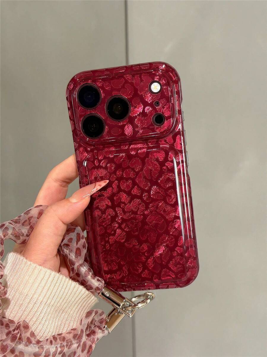 Personalized Fashion Burgundy Leopard Print Phone Case Compatible With Apple 18 Pro Max, 17 Pro, New 16 Pro, 15 Pro, Lace Wrist Strap, Unique Anti-Drop Protective Cover - Red - View 1