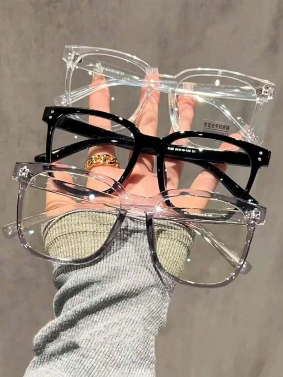 1/3 Pair Large Square Frame Non-Prescription Glasses, Retro Academic Style Frames, Slimming, Suitable For Daily Wear - Clear - View 1