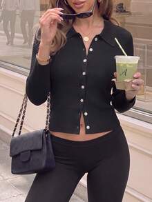 Women Fall Clothing Black Collared Button Front Long Sleeve Top, Slim Fit Ribbed Knit Shirt For Daily Office - Black - View 7