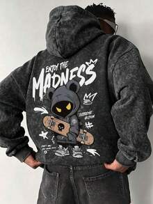 Hoodie Pria Motif Kartun Beruang Skateboard dengan Tampilan Lusuh dan Dicuci, Pullover Streetwear Longgar Bergambar Kartun - Hitam - View 3