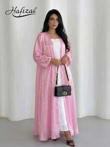 Elegant lång enfärgad morgonrock för kvinnor, modest pendlarklädsel - Rosa - Visa 2