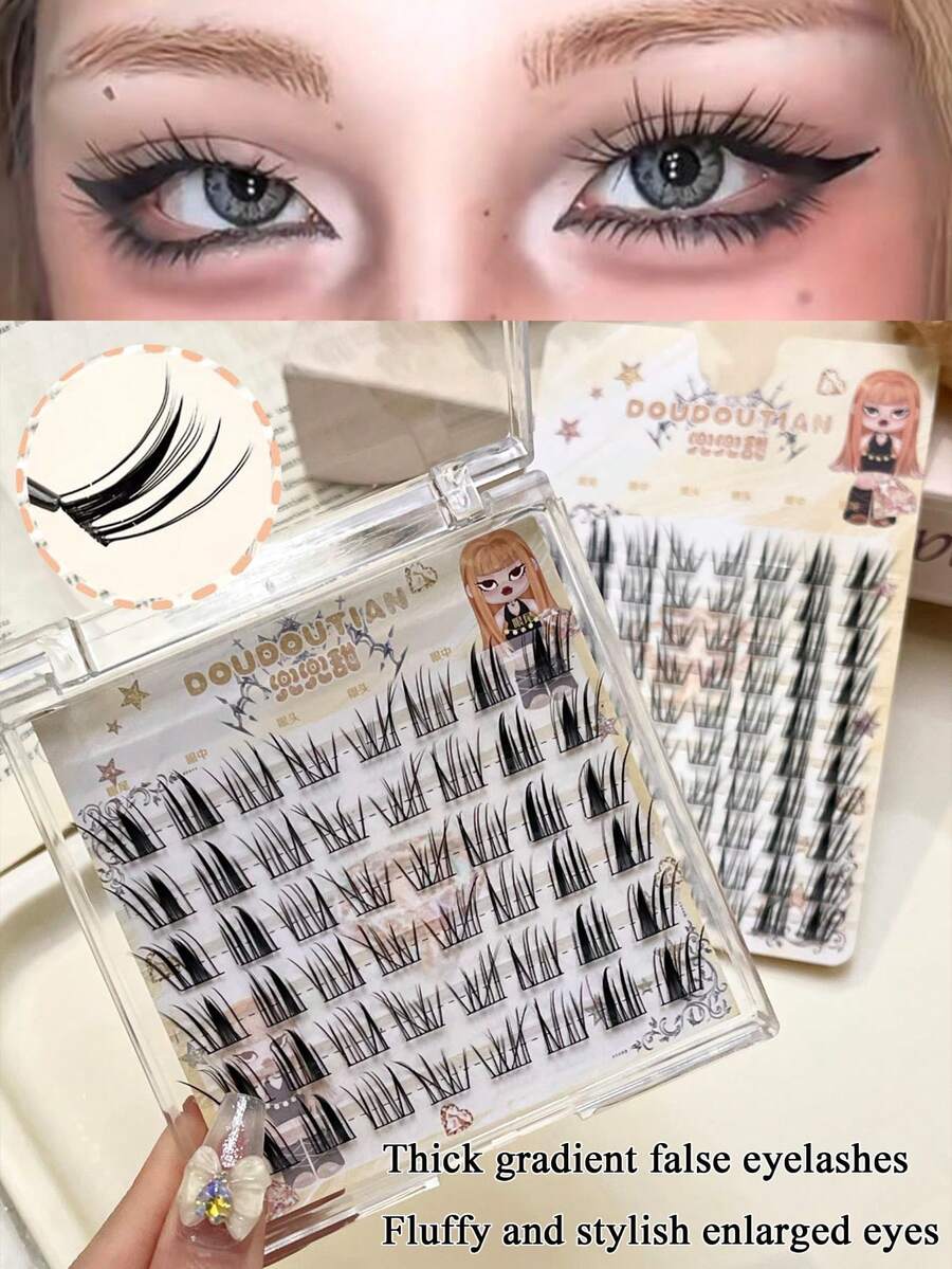 DOUDOUTIAN 48/80 Clusters Segmented Mermaid Winged False Lashes, Thick Slender Cold Elegant Look, 8-12mm Camera Ready Lashes For Shooting & Cosplay