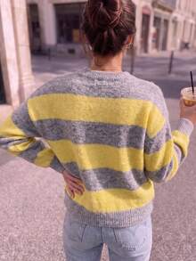 Women's Fuzzy Striped Knit Sweater, Round Neck Long Sleeve Soft Stretchy Contrast Color Pullover, Casual Elegant Street Style Fall Winter Top - Gray and Yellow Group - View 8