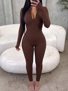 GLAMSKIN جمبسوت نسائي للخريف/الشتاء بأكمام طويلة مضلع، نصف سحاب بياقة V عميقة، قصة ضيقة، طقم قطعة واحدة، مرونة عالية، أسلوب شارع كاجوال - بني - مشاهدة 1