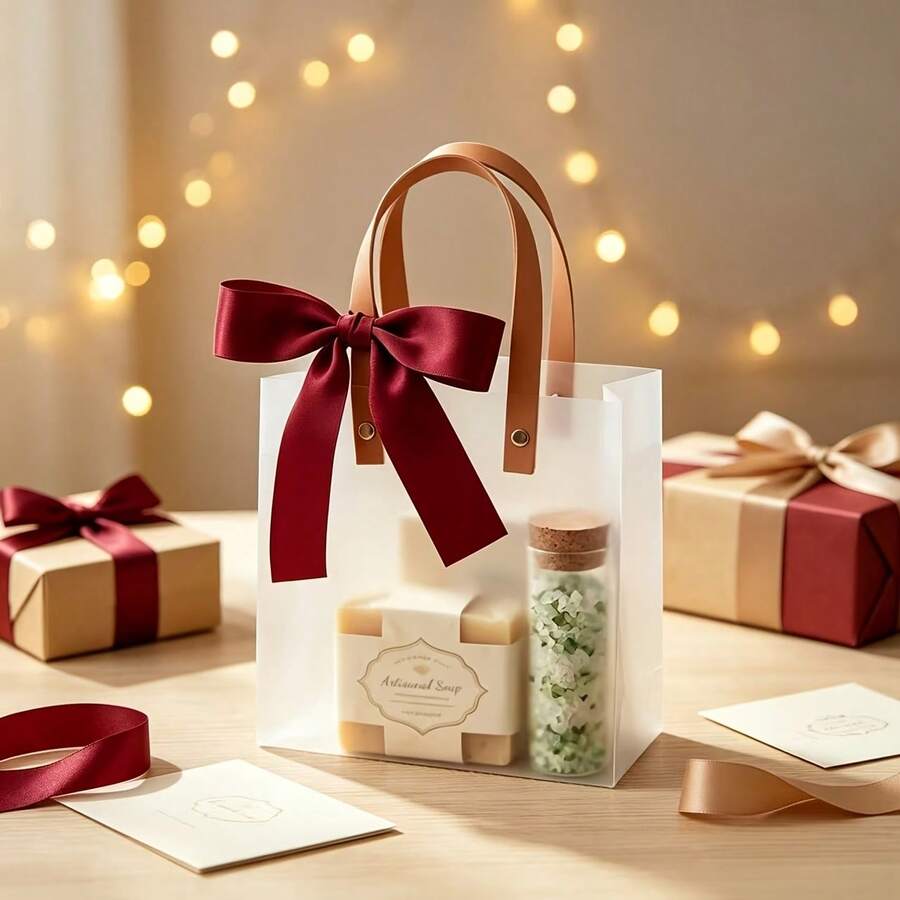 9pcs Frosted Plastic Gift Bags, Gifts For Her_Him, Suitable For Party Planner, Reusable Tote Bags With Handles And Ribbon Bows, Suitable For Weddings - View 1
