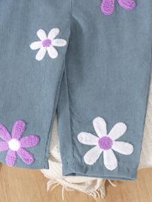 2pcs Baby Girl Cute Casual Ribbed Top & Towel Embroidery Corduroy Overalls Set, Thin Spring/Autumn - Purple - View 9