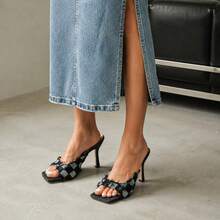 Women's Black And White Plaid Fringed Stiletto High Heel, Square Toe Open Toe Slip-On Sandals, Fringed High Heel Sandals, Suitable For Party, Nightclub, Daily Wear - Black - View 7