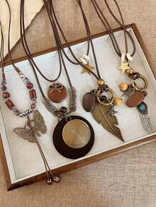 Set Kalung Tali Kulit Gaya Bohemian 4 Buah dengan Liontin Kayu & Tembaga, Aksesori Ringan Vintage Serbaguna untuk Musim Gugur/Dingin, Hadiah Sempurna - MultiWarna - View 8