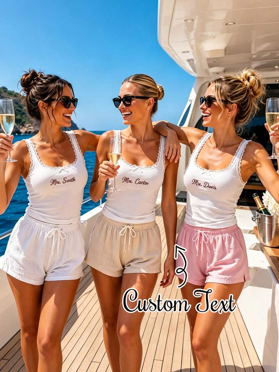 Personalized Custom Embroidered Text Lace Trim Ribbed Tank Top, Bridal Bachelorette Party Crop Cami, Custom Name Bridesmaid Top For Wedding Party Gift