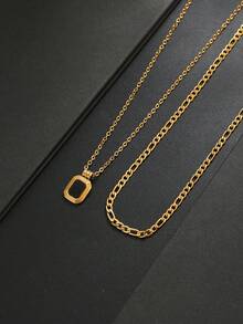 2pcs Fashion Minimalist Geometric Pendant Necklace, Stainless Steel Necklace Set, Casual Style Accessory, Unisex, Ideal Gift For Men - Yellow Gold - View 4