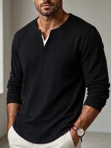 Men's Spring/Autumn Fashion Versatile Colorblock V-Neck Long Sleeve T-Shirt - Black - View 1