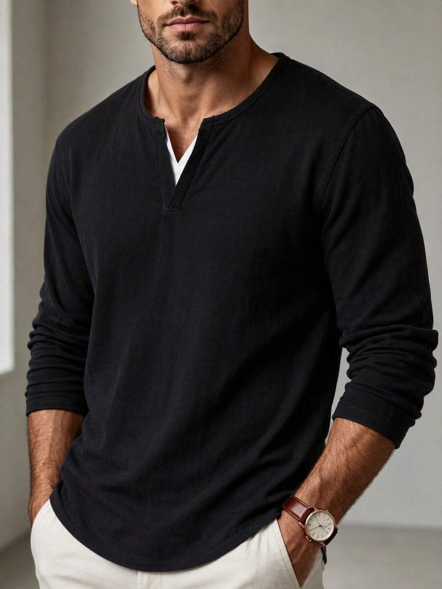 Men's Spring/Autumn Fashion Versatile Colorblock V-Neck Long Sleeve T-Shirt - Black - View 1