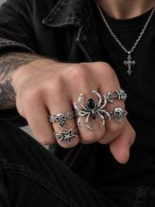1 buah Set Cincin Vintage Punk Dark Gothic Metal dengan Hiasan Tengkorak Laba-laba dan Batu Permata, Aksesori Pria Gaya Rock Street yang Dipersonalisasi, Perhiasan Halloween - Antique Silver - View 7