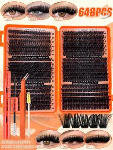 720/684/648/120 Clusters Lashes D Curl Thick Fluffy Fish Tail Eyelashes High Capacity, DIY At Home, Fake Lashes Book Beginner Friendly Kit, Long Lasting Eyes Makeup, Segmented Lashes Extensions Lightweight Bundle Lash With Lash Glue, Tweezers, Brush - Burnt Orange - View 5