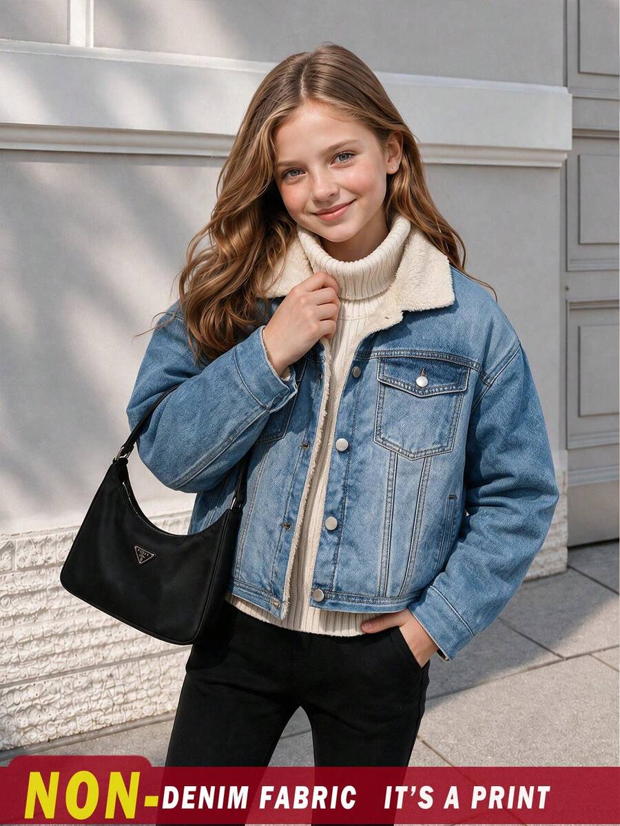 Girls' Lambswool Collar Thermal Lined Denim Jacket, Children's Autumn/Winter Thick Warm Thermal Lining Jacket Top - Blue - View 1