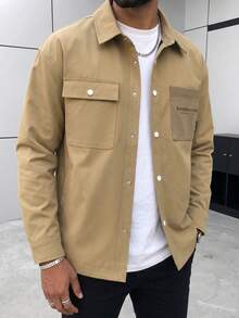 Blueprint Man 1pc Men's Khaki Lapel Jacket, Metal Snap Button Front Closure, Smooth Skin-Friendly Fabric, Lightweight And Crisp, Loose Drop Shoulder Fit, Minimalist Casual Style, Suitable For Daily Commute And Travel - Khaki - View 11